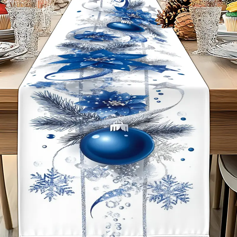 1pc Christmas Table Runner Blue Silvery Tone with Exquisite Poinsettia Christmas Balls Pine Branches and Snowflakes Romantic and Festive Unique Winter Charm Perfect for Christmas Gatherings and Home Decor
