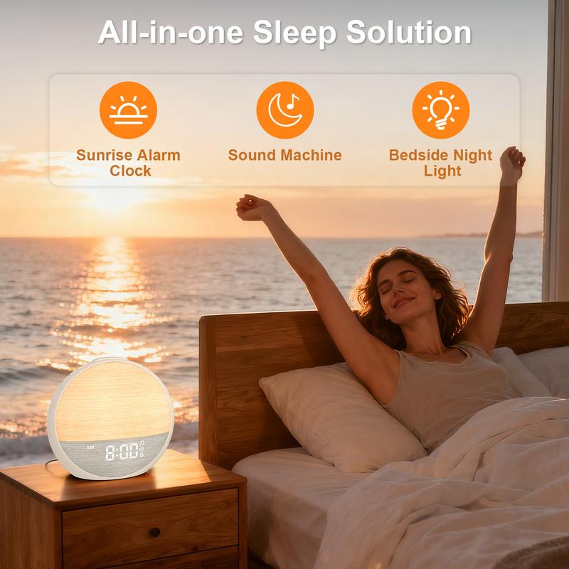 Bugucat Sunrise Alarm Clock & White Noise Machine — Natural Wake-Up Light, Dimmable Night Light & Digital Clock for Bedroom, Multiple Soothing Sleep Sounds, Alarm Clock Design, Adjustable Brightness — Ideal Sleep Aid & Gift for Babies, Kids & Adults