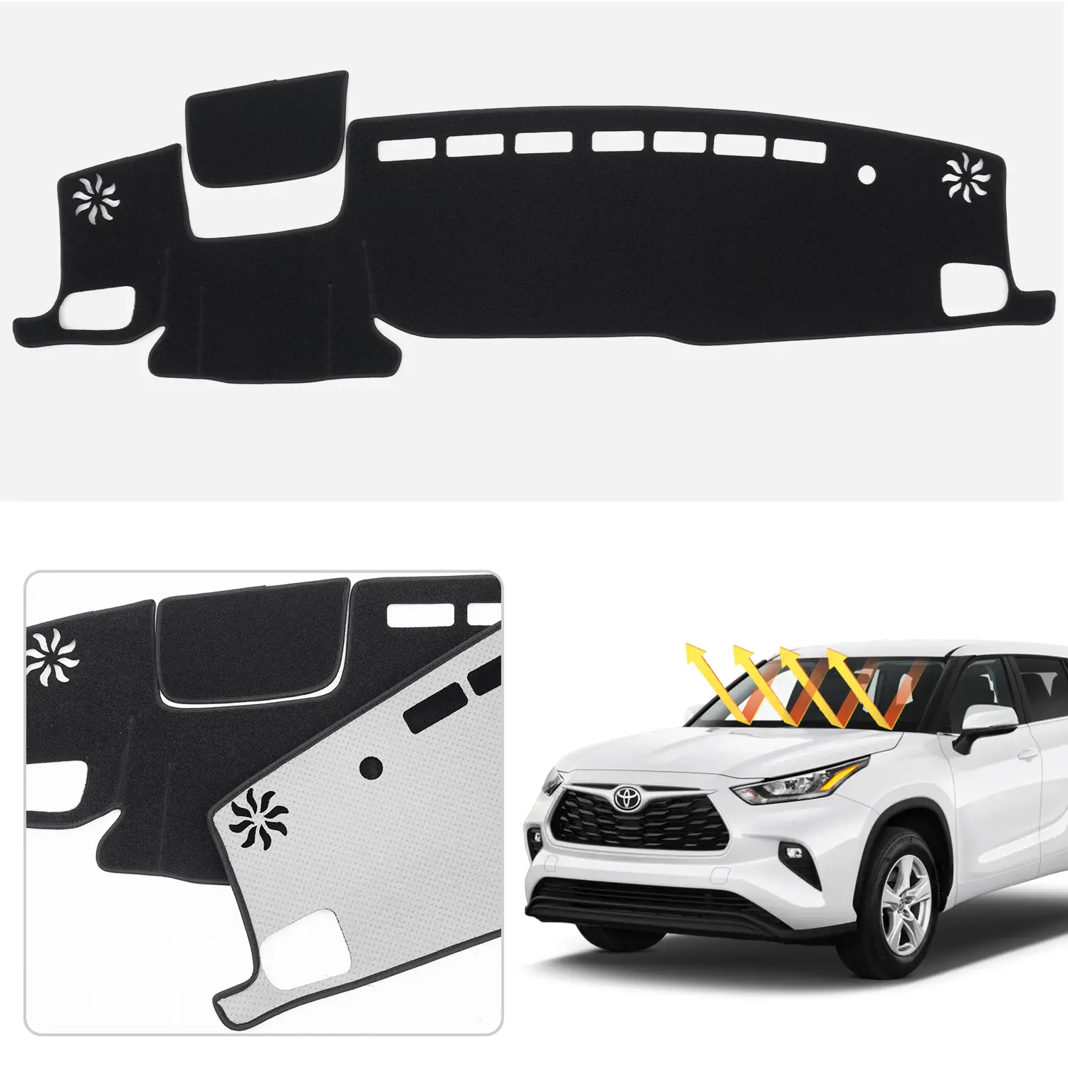 2020-2026 Toyota Highlander Dash Mat Custom Fit (L/LE/XLE/XSE/Limited/Platinum) with HUD Non-Slip Flannel Dashboard Cover UV Protection Black Sunshield Glare Reduction