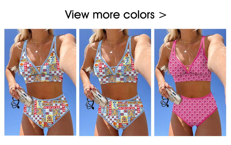 Aleumdr Metal-Ring Cut-Out Full Coverage High Waist Bikini Set – Adjustable Straps, Elastic Band & Openwork Design, Plus Size Swimwear for Women Beach Swimming Sport