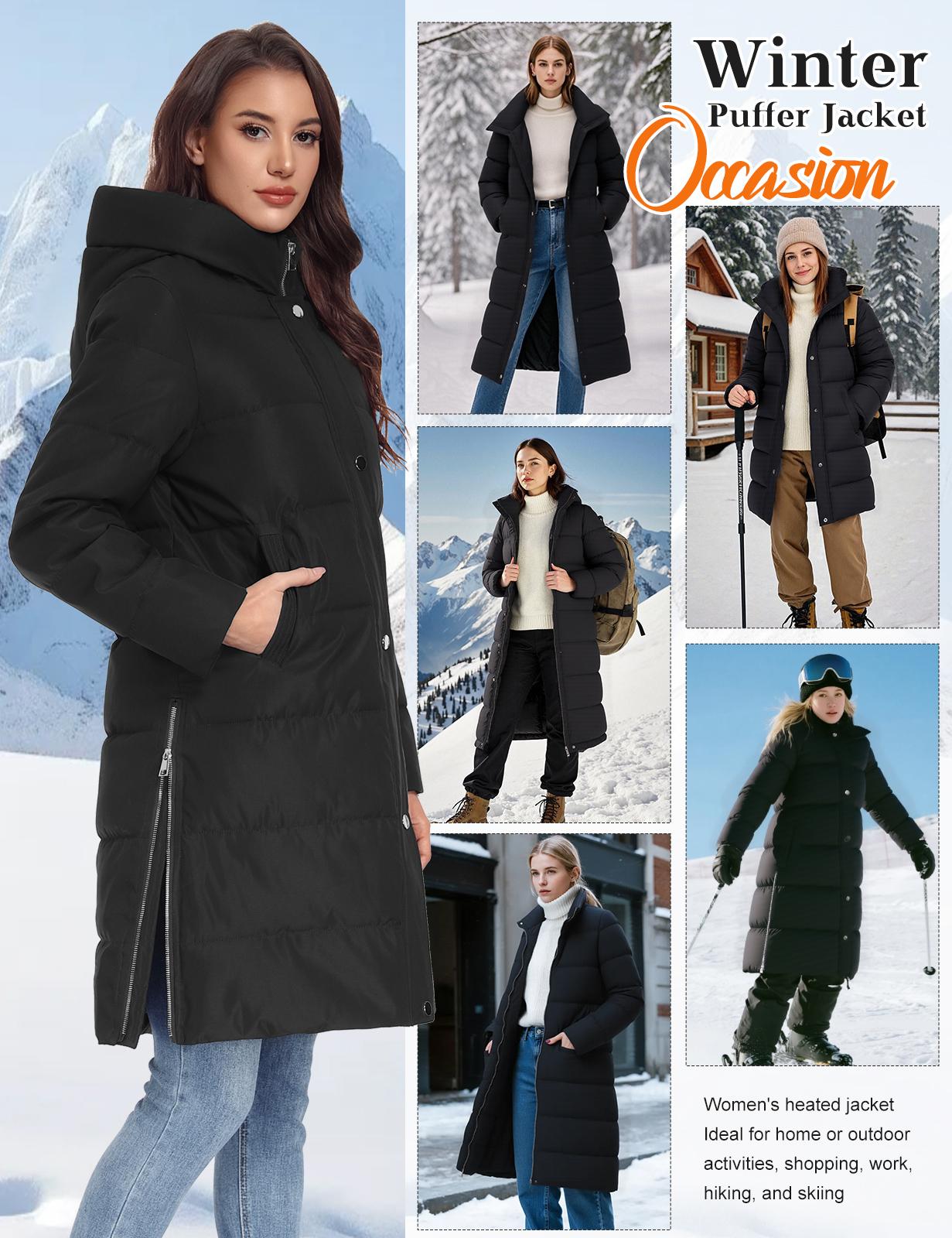 HEEKPEK Women’s Heated Long Down Jacket with Hood, 8 Heating Zones Water-Repellent winter inter Heated Outerwear Coat  coat for Women