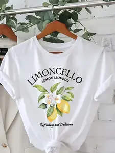 Women's Lemon Print Casual T-Shirt - Short Sleeve, Round Neck, Stretchy Polyester Blend, Machine Washable - Perfect Choice for Spring and Summer