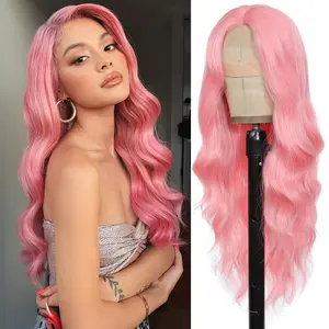 MIRELLE 13x6 Synthetic Pink Lace Front Wigs for Women HD Transparent Body Wave Lace Frontal Wig Pre-Plucked with Baby Hair Heat Resistant Fiber 30 Inches 220 Density #Pink