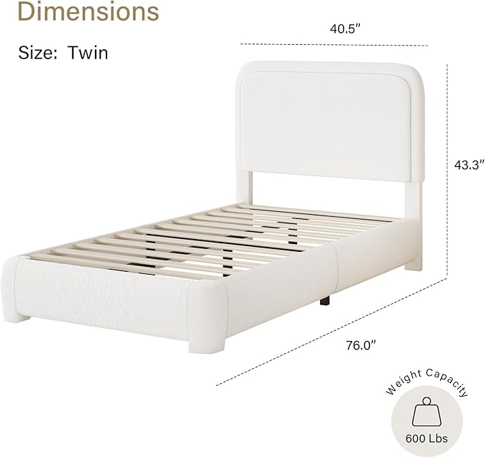 HOMBCK Bed Frame, No Mattress, Boucle Upholstered Platform Bed Frame, Modern, Rounded Corners, Noise Free, Easy Assembly