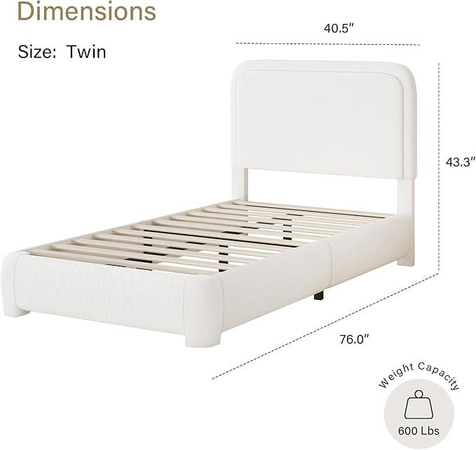 HOMBCK Bed Frame, No Mattress, Boucle Upholstered Platform Bed Frame, Modern, Rounded Corners, Noise Free, Easy Assembly