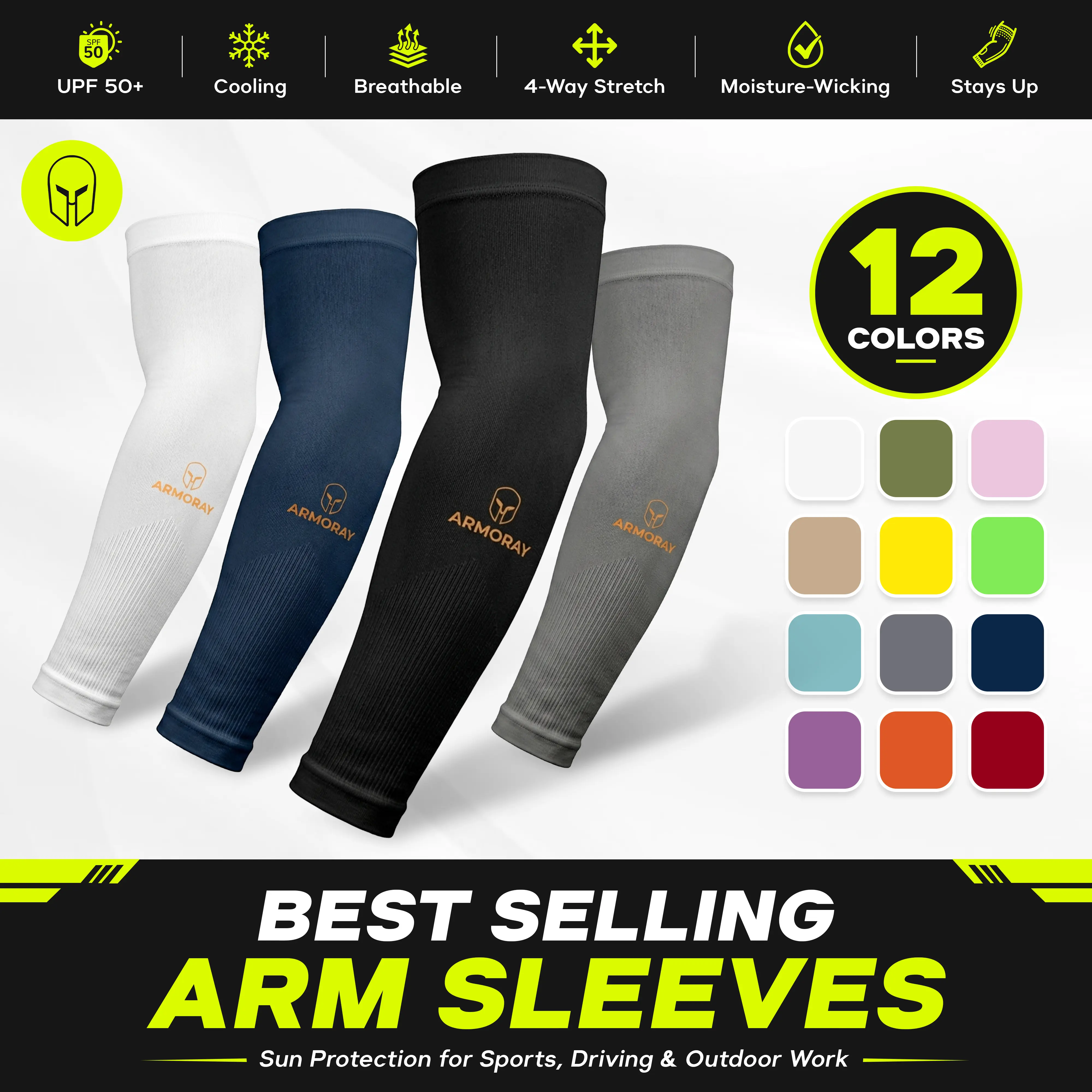 ARMORAY Cooling Arm Covers for Men, UPF 50+ Sun Protection Full Sleeve Arm Compression Sports Sleeves & Support for Multiple Sports, Football Accessories, Athleisure Sports Sleeves & Support