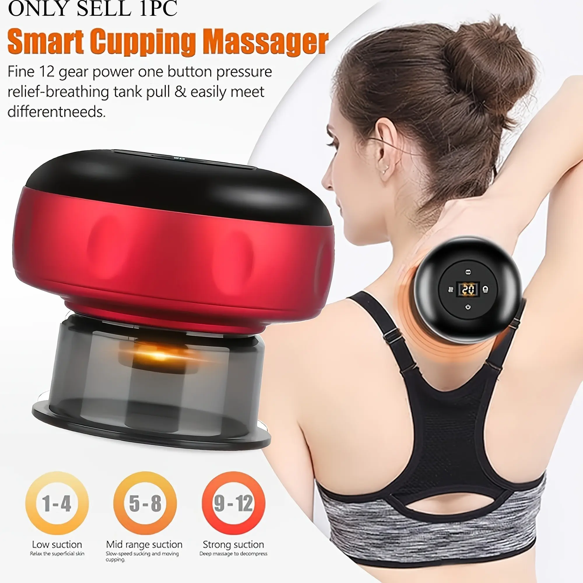 This portable USB charging electric cupper, Smart cupping machine, Heating cupping instrument, has 12 temperature and suction levels, with digital display adjustment and pressure relief valve, suitable for full body cupping and massage