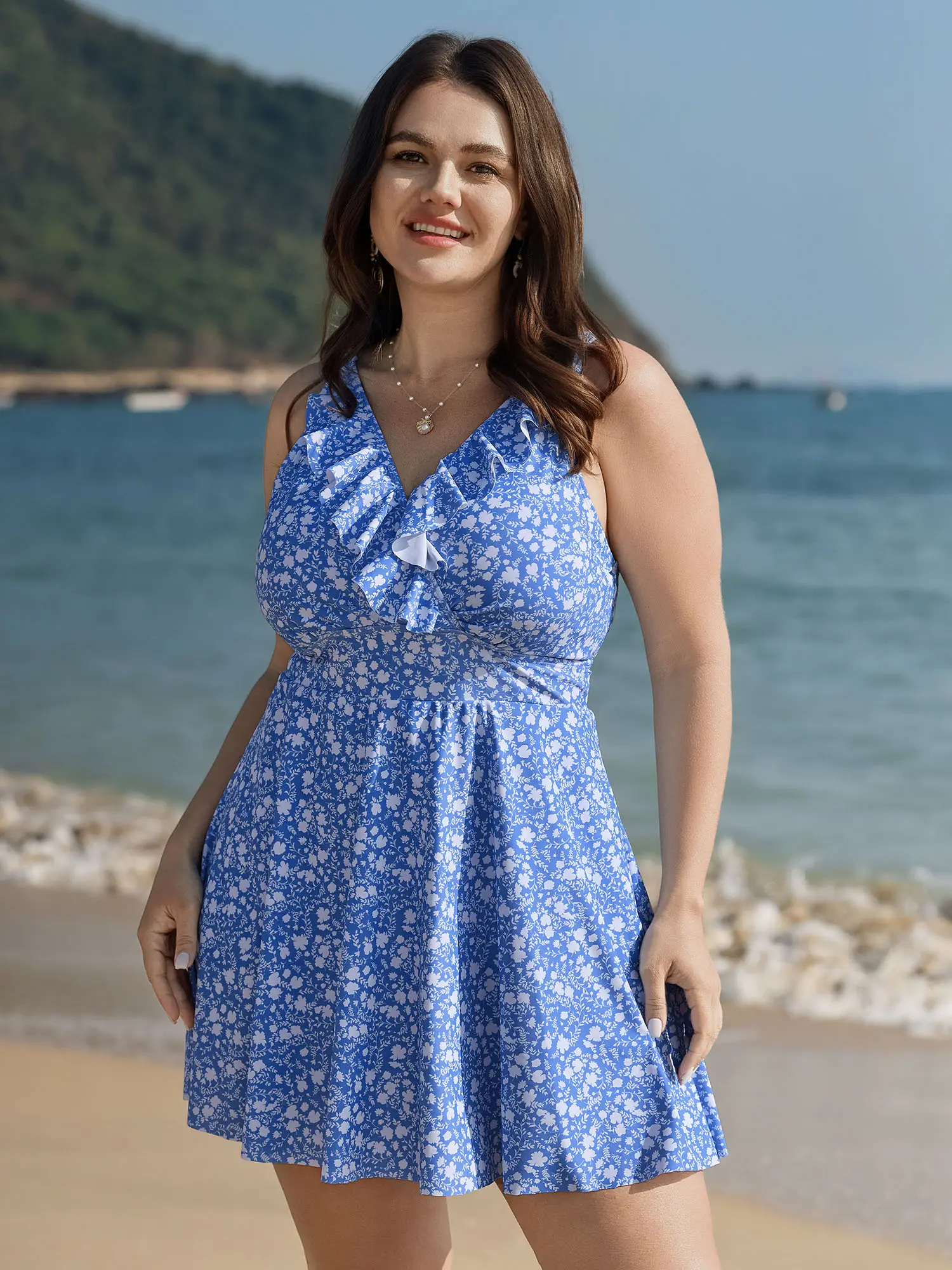 Women's Plus Size Chlorine-Resistant Tummy Control Swimdress - Ruffled Ditsy Floral Tunic, Full Coverage Beach Bathing Suit, Removable Cups, High Stretch Fit, Built-In Bikini Dress, No Closure