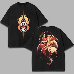 Menswear Oversized Black Short-Sleeve Cotton Tee, Y2K Streetwear Hellfire Demon Graphic Top, Unisex Trendy Devil Print Shirt for Daily Wear & Parties, Tropical-Inspired Casual Hoodie-Style T-Shirt