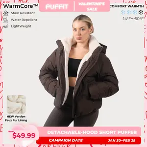 【Last Sale】PUFFIT WarmCore Premium Short Puffer Jackets with Removable Hood & Optional Faux Fur Linging, Lady Casual Outerwear Longsleeves Zip Pockets Warm Quilted Coat
