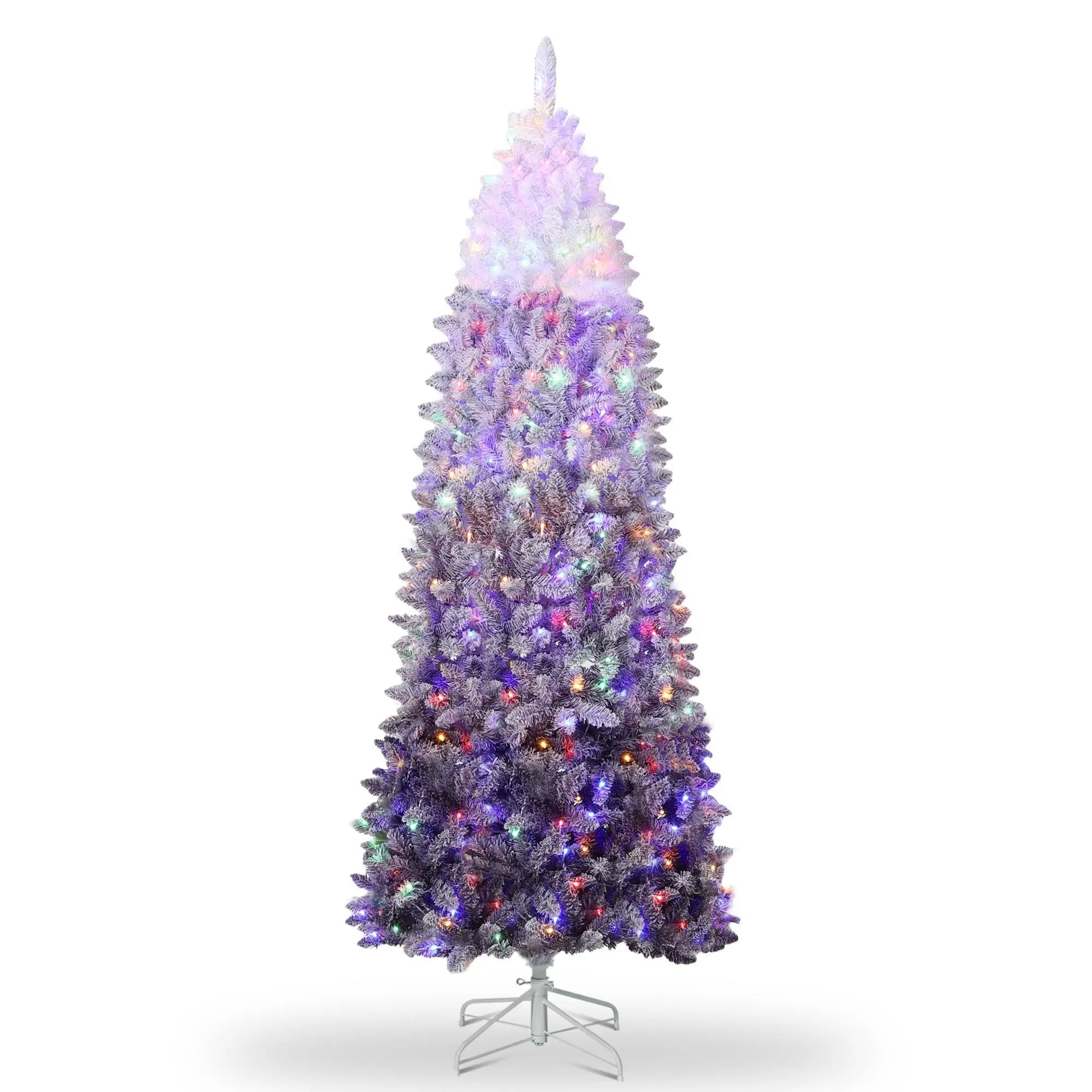 7.5 ft Prelit Christmas Tree with Lights Snow Flocked Artificial Skinny Pencil Tree Foldable Base for Home Party Office Mall Holiday, White and Purple