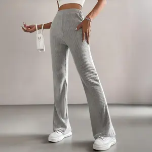 Women's Pants High Waist Flare Pants Soft Ribbed Knit Casual Trousers