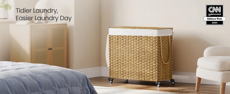 SONGMICS Laundry Hamper with Lid, Large Capacity, Rolling Laundry Basket with Wheels, 3-Section Synthetic Rattan, Removable Liner SONGMICS Laundry Hamper with Lid, Large Capacity, Rolling Laundry Basket with Wheels, 3-Section Synthetic Rattan, Removable Liner