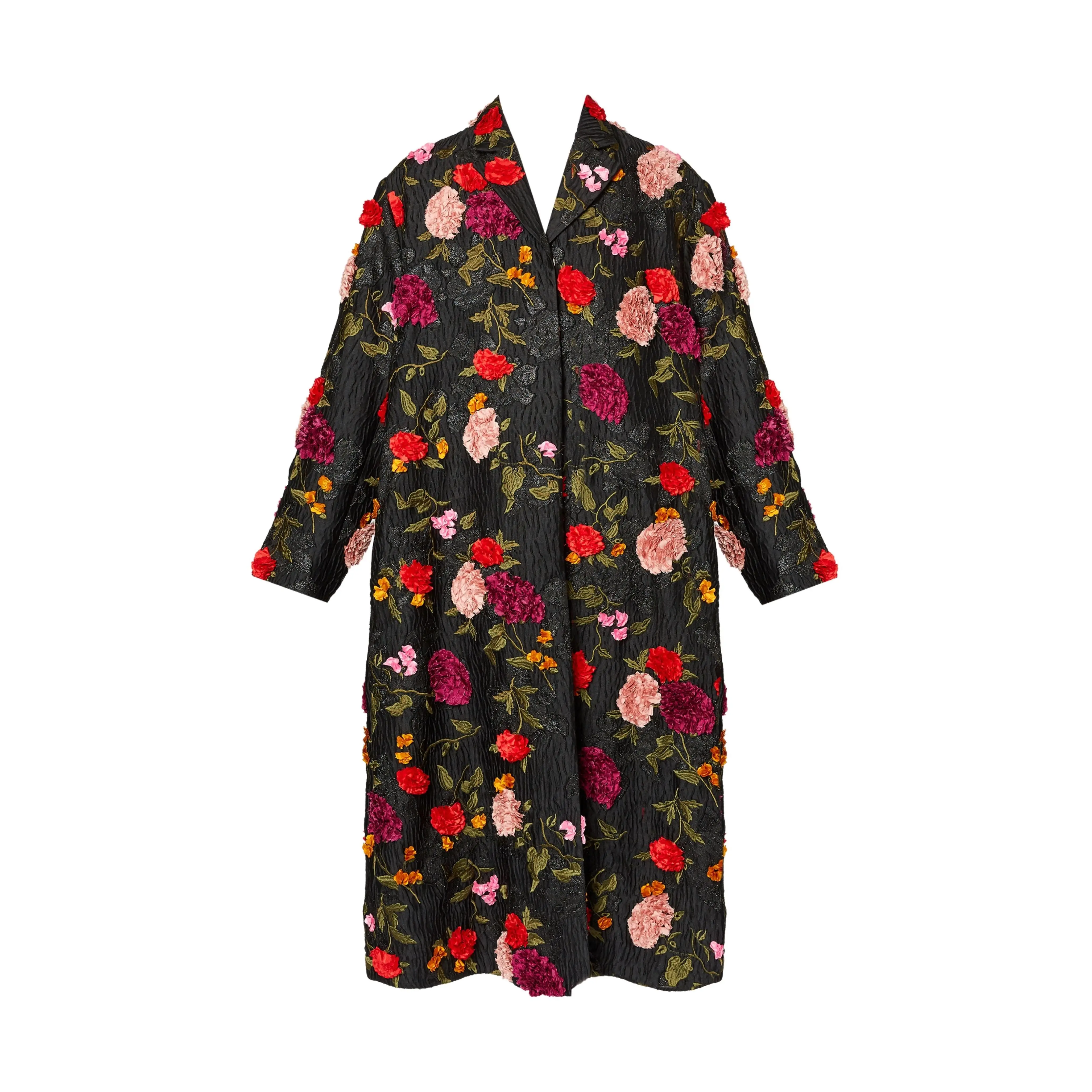 Women's Oversized Floral Embroidery Snap Evening Jacket - Elegant Embellished Formal Occasion Coat, Loose Boxy Lapel Notched Design, Side Pockets, Stylish Womenswear Addition, Jackets