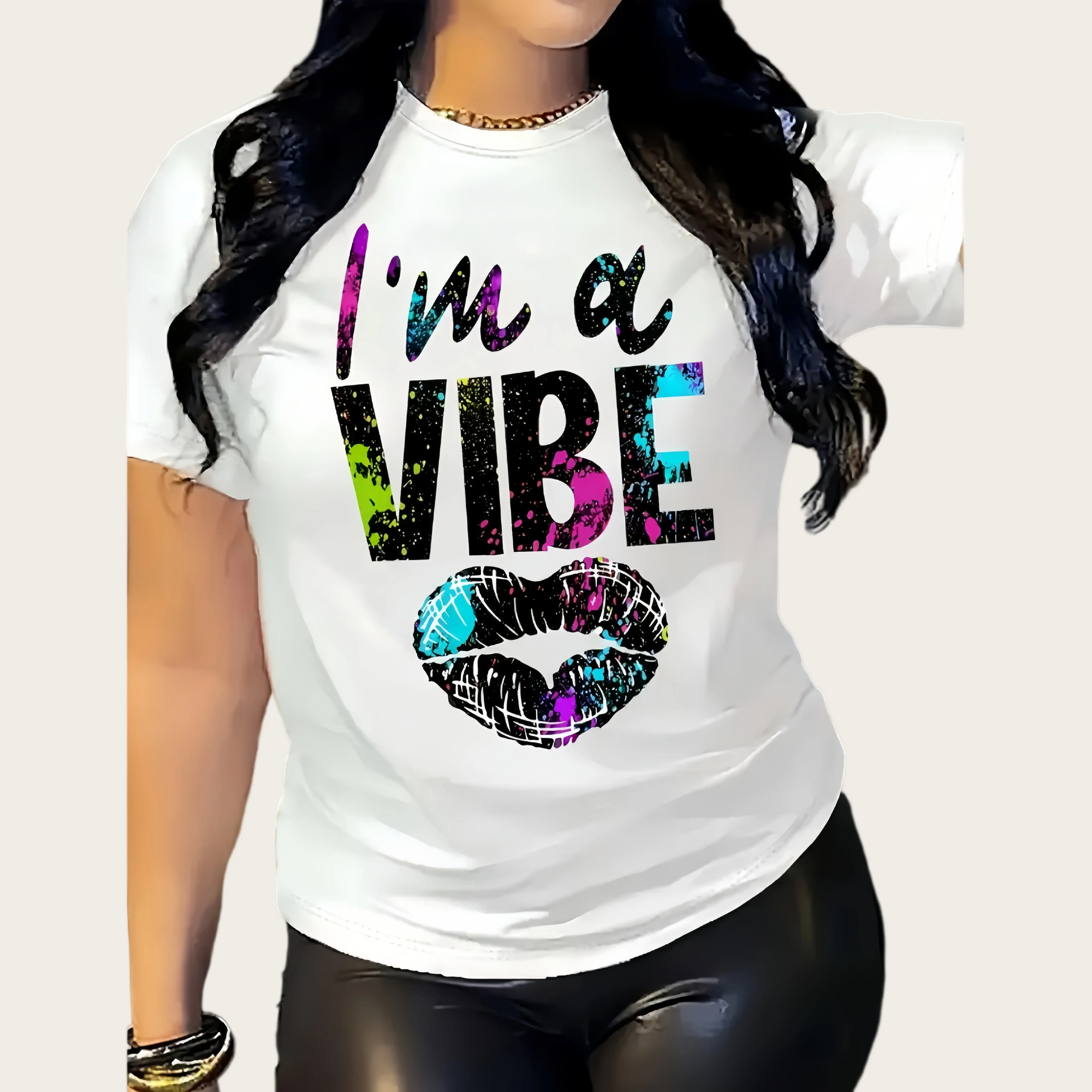 Women's Preppy Cotton Blend Shortsleeve Round Neck T-Shirt - Rainbow Lips Graphic Print, Casual Tee, Streetwear Energy, Instant Style, Vibe-Ready Tee, Sweet Everyday Basic Top (Size Up for Loose Fit)