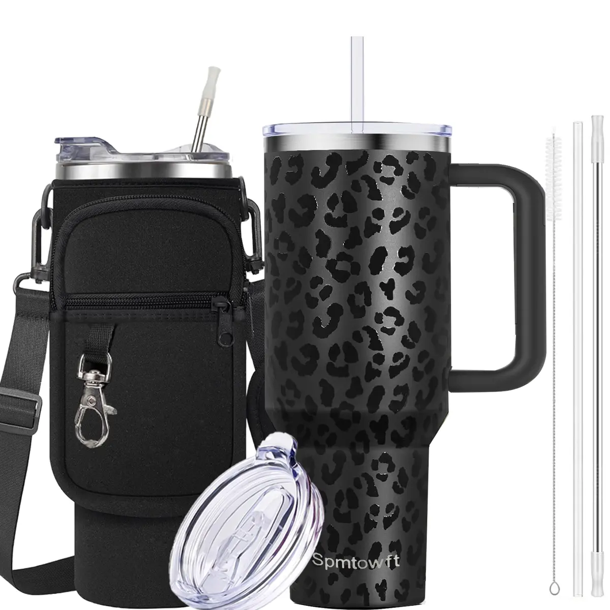 40oz Stainless Steel Thermal Water Bottle - Lightweight, Portable, Leak-Resistant Insulated Tumbler with Replaceable Straw, Durable Handle, Carrier Bag with Roomy Phone Pocket, Unisex, Car Holder Fit for Daily Travel