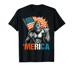 Bigfoot Merica Rock American Flag Patriotic 4th of July T-Shirt