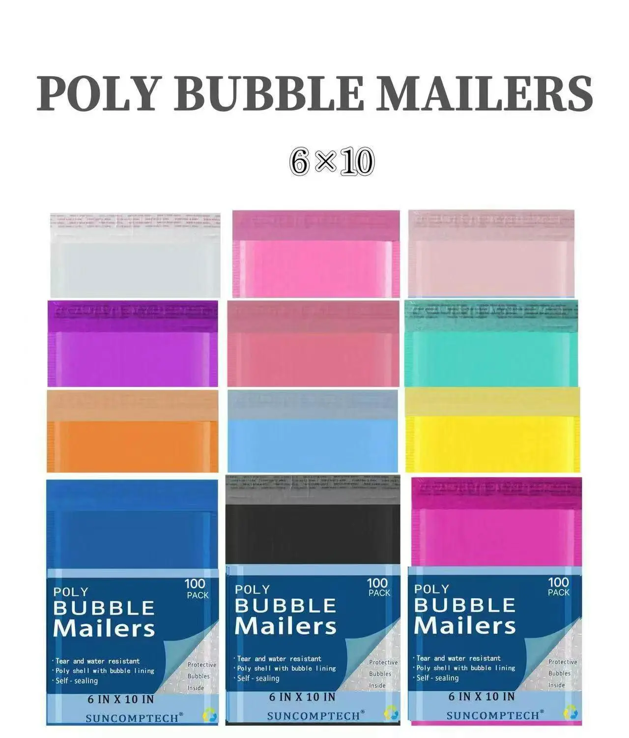 #0 Poly Bubble Mailers,6 x 10 inch, 100 Count,  Padded Shipping Envelopes,  (Usable 6 * 9 inch) , Multiple Colors  , 100 pcs