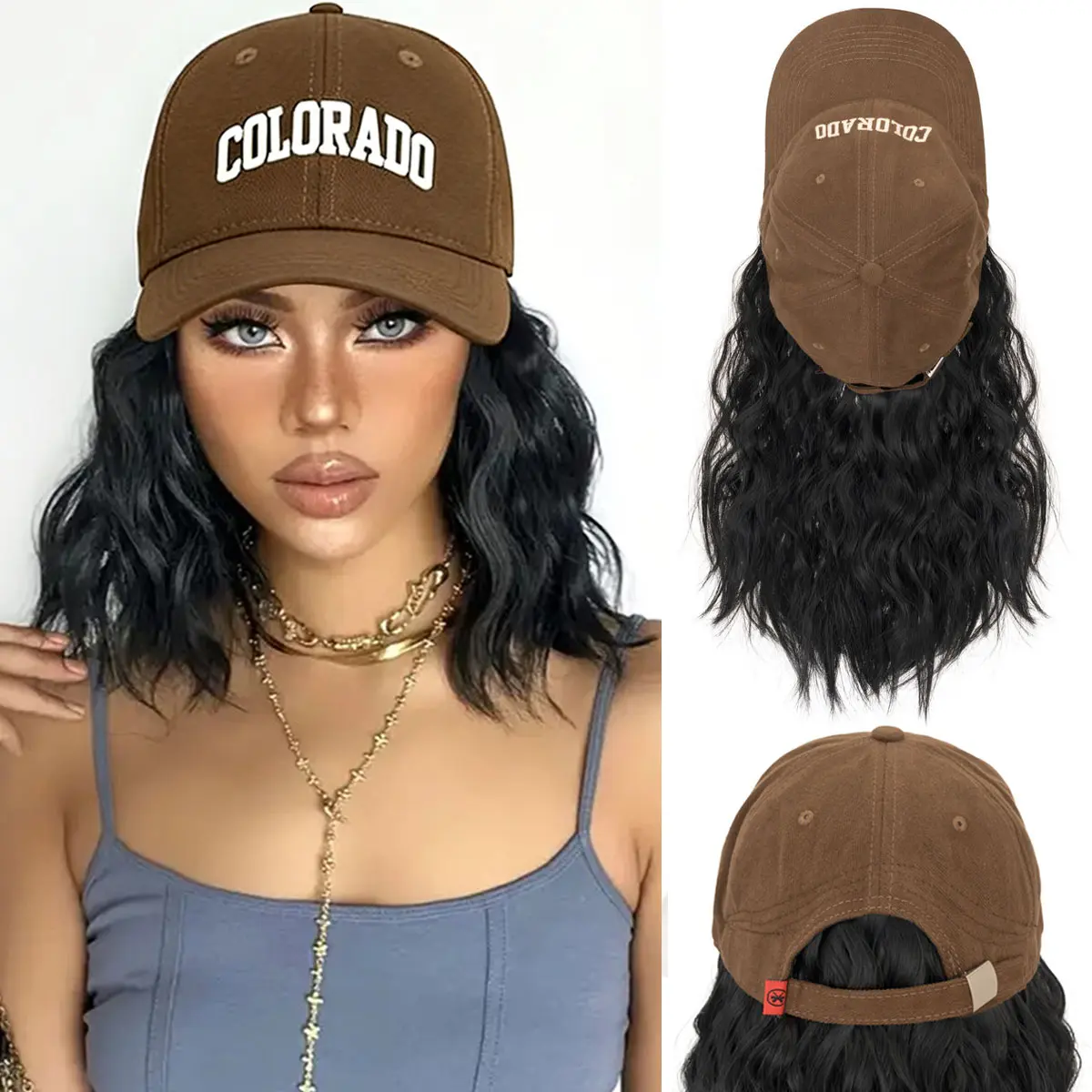 MY-LADY Multicoloured Caps 8inch Hat Wigs Bob Hair With Baseball Cap Synthetic Short Wave Curly Hair Extensions For Women Natural Looking Wig No Glue Wig Heat Resistant Wig campingessentials