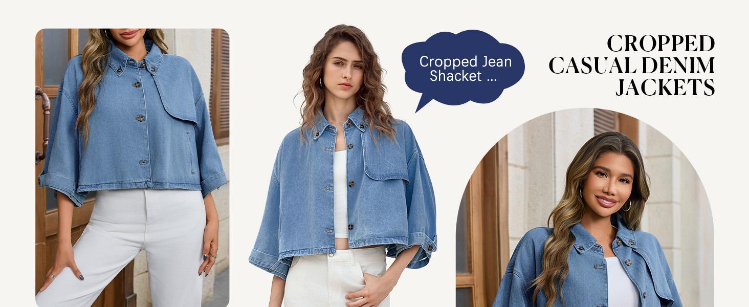 Imily Bela Womens Cropped Denim Jackets Casual Button Down Jean Shirt Shacket Loose 3/4 Sleeve Coat with Pockets