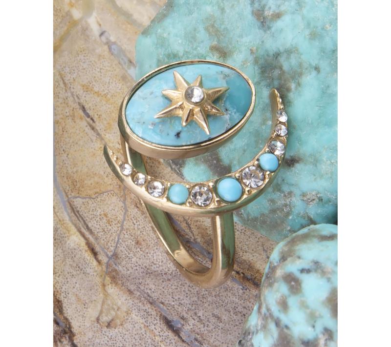 Barse Artisan Crafted Celestial Turquoise Golden Bypass Ring