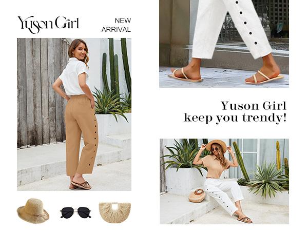 Women's Summer Trousers, Women's Summer 7/8 Cropped Wide Leg Trousers Elastic Waist Cotton Casual Trousers Lightweight Boho Trousers Beach Trousers with Pockets and Decorative Buttons