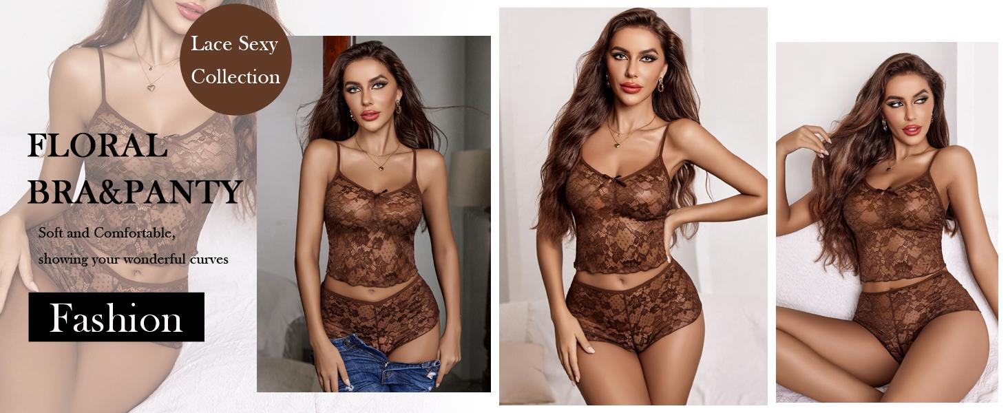 Avidlove Lace Bra and Panty Set V Neck  Lingerie 2 Piece Mesh Bralette Set