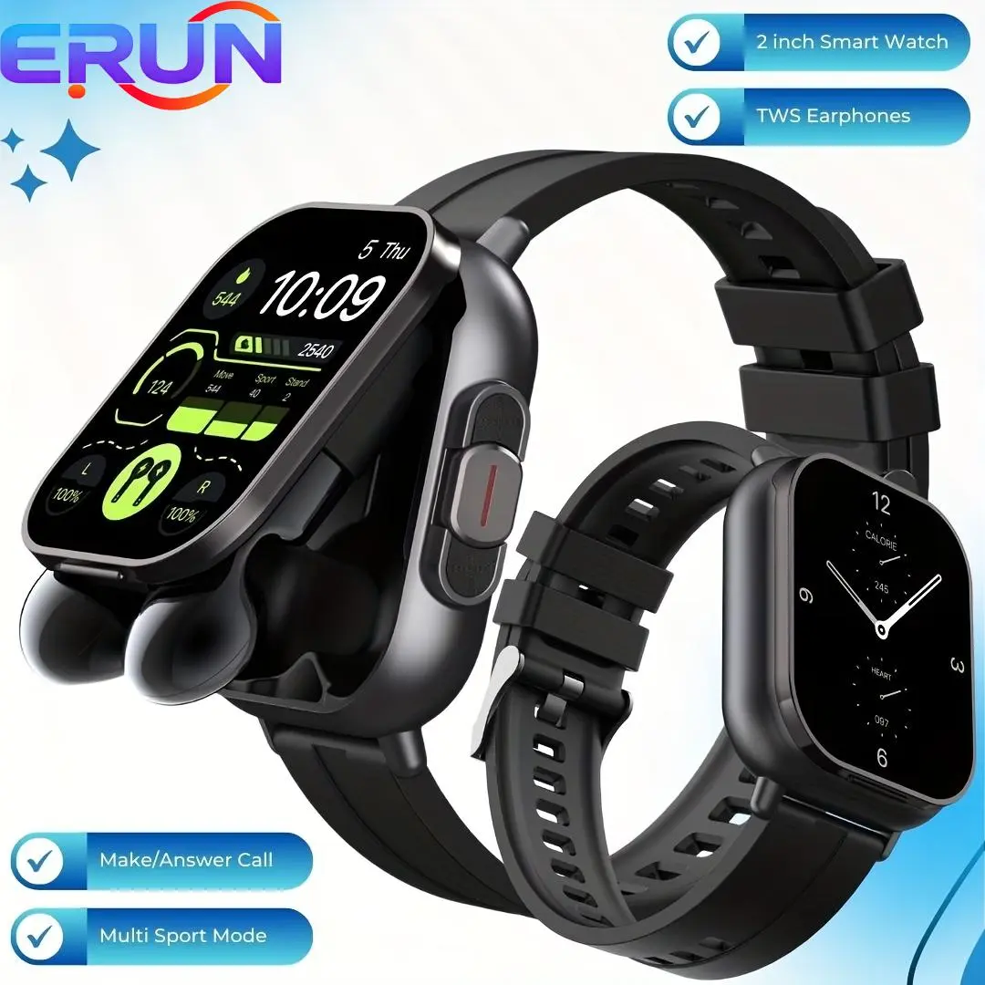 ERUN Unisex 2-in-1 Wearable Smart Watch with TWS Earbuds, 5.11 cm Touchscreen, Bluetooth 5.1, Heart Rate Tracking, Pedometer, Sleep Monitor, Call Answering, Cam Support, Custom Black Charging for iPhone/Android, Italian, German