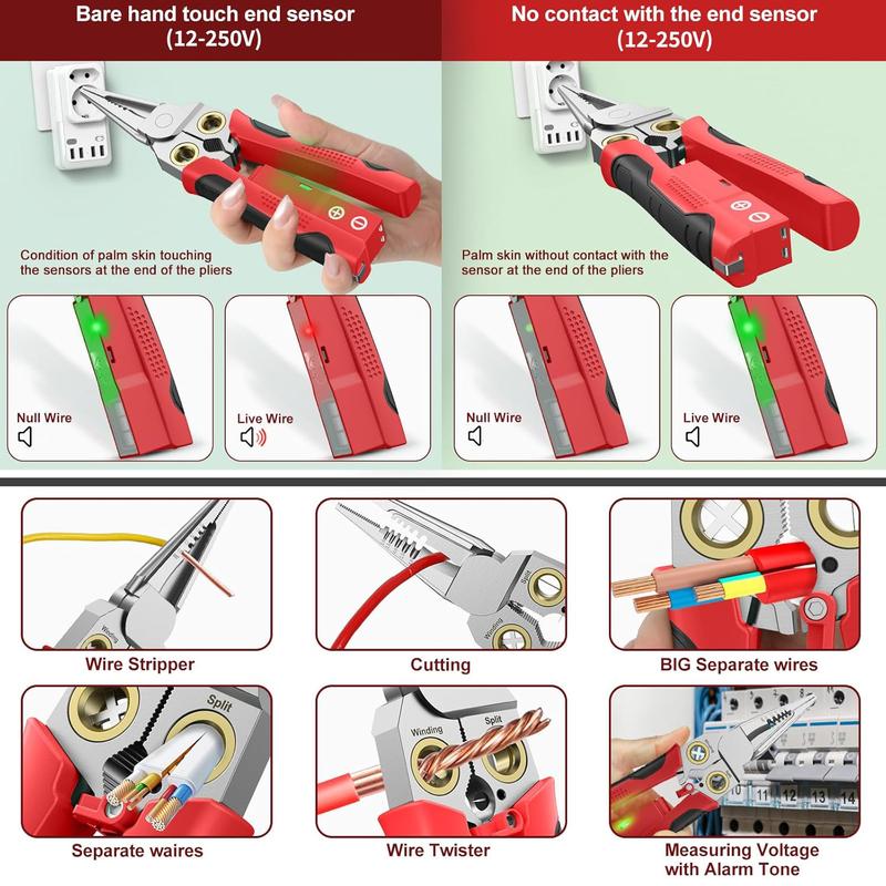 8 in 1 Wire Stripper Twister for Cutting and Pulling Wires, Cable Scissors,Voltage Tester Pliers, 12V to 250V Live,Null,Hot Wire Judgment AC DC, Audible and Flashing LED Alarms