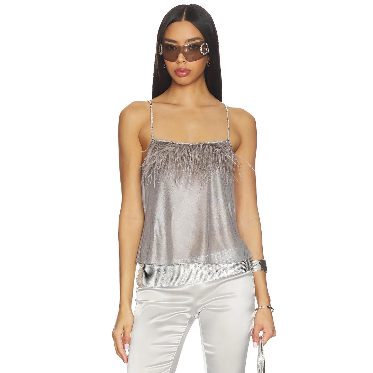 Jaded London Metallic Sheer Feather Cami in Silver