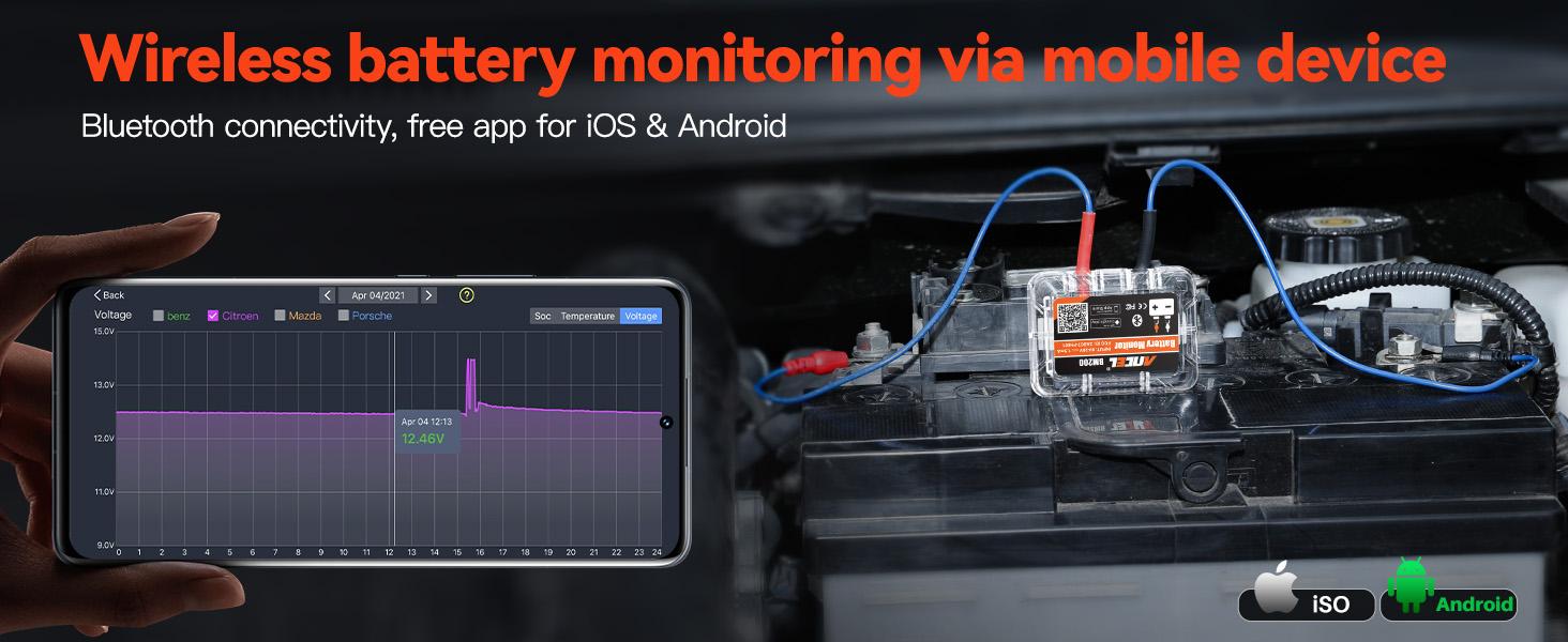 ANCEL BM200 12V Car Battery Tester, Bluetooth 4.2 Auto Battery Monitor for Lithium & Lead-Acid Batteries with Cranking & Charging Test, Alarm, Voltage History Voltmeter for Car/RV/Motorcycle/Truck/Boat