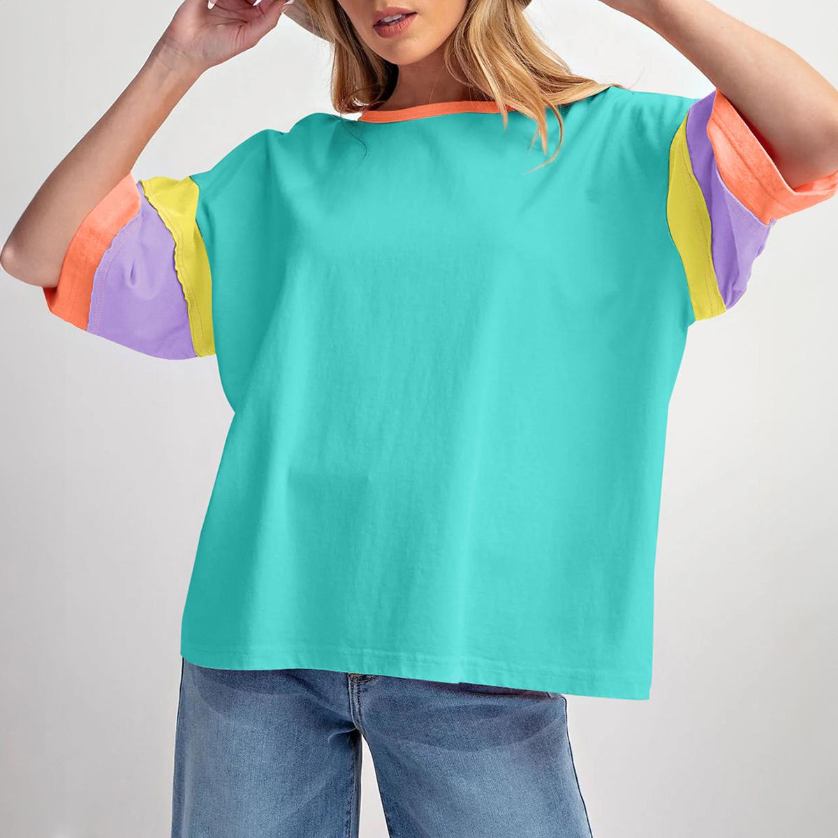 Mntaor Colorblock Stitching Sleeve Crewneck Oversize Top - Comfortable Casual Style with Round Neck and Block Stitching,Winteroutfit