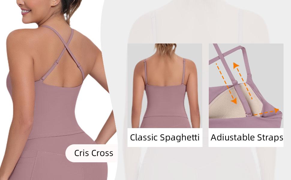 【Free 3-Day Shipping】2026 New Adjustable Straps Built-in Bra Tank Top - Cross Back VS Spaghetti Straps & Scoop Neck, Slim Cute Buttery Soft Thicker Fabric Longline Sports Bra with Built-in One-Piece Bra Pads Yoga Wear Fitness Yoga Gym Activewear