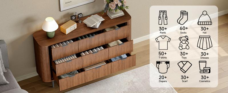 【Valentine's Day gift】ONBRILL 60 " Fluted Dresser, Modern Wooden Dresser for Bedroom, Chest of Drawers with Metal Handle, TV Stand, Storage Organizer Unit, Storage Tower for Livingroom Hallway Closet ,Bedroom Furniture, Christmas Gift