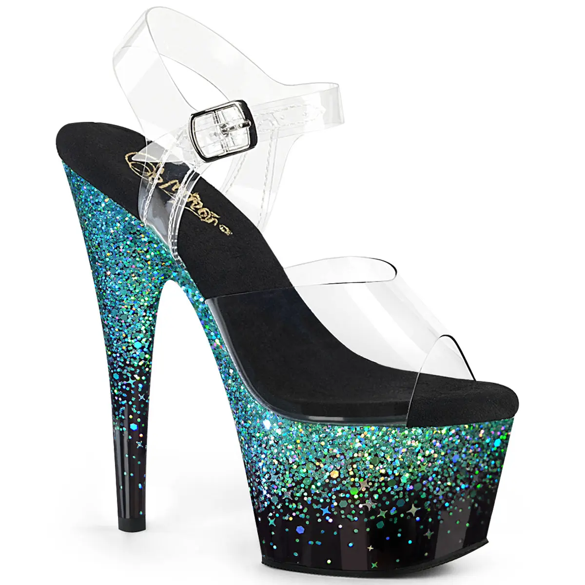 Pleaser Heels for Women, Adore-708SS Transparent Ankle Strap Performance Sandals with 7" Holographic Sole & Teal Gradient Platform