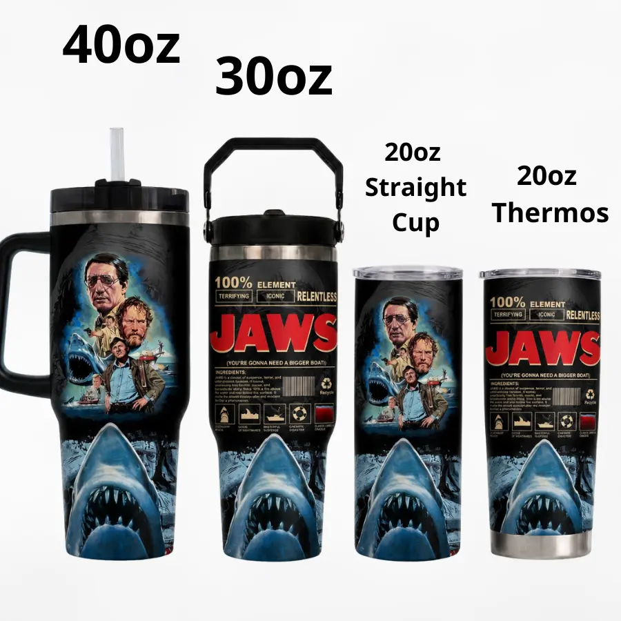 Ocean Shark 20oz 30oz 40oz Tumbler, Beach Thriller Travel Cup With Handle, Scary Summer Movie Style Gift