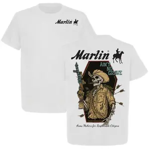 Marlin Ain’t No Grave Cowboy T-Shirt – Skeleton Gunman Graphic Tee with Rifle, Cigar and Arrows Artwork, Unique Western Streetwear for Men, Cool Vintage Skull Design, Perfect Gift Idea for Fans of Cowboy Style and Shooting Theme