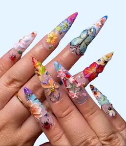 Aura Nails - Colorful 3D Butterfly and Floral Press On Nails | Secret Garden Acrylic Nails | Vibrant 3D Floral Nail Art | Nature-Inspired Nail