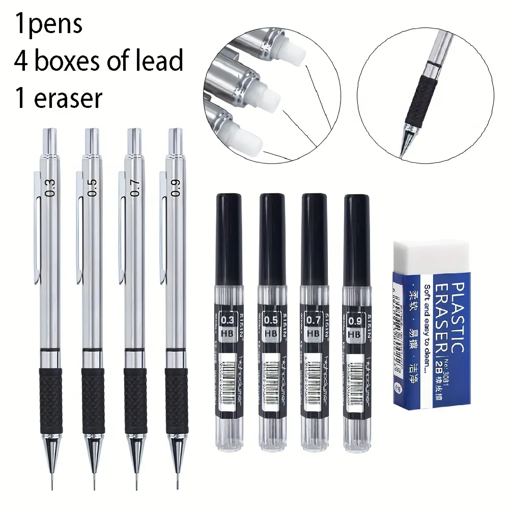 6pcs/set 0.3/0.5/0.7/0.9/Metal Automatic Pencil Large Capacity Set Anti Slip Soft Grip, Movable Pencil Pocket Clip, Art Mechanical Pencil, Drawing Pencils, Art Pencils For Sketching, Mechanical Sketching Office Stationery Supplies, Art Materials