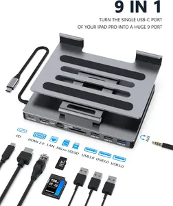 iPad Pro USB C Hub Stand, 9 in 1 Adapter for iPad Air M5 M3 M4 13 12.9 Inch Docking Station 4K 60Hz HDMI, RJ45 Ethernet, SD/TF Card Reader, 3 USB 3.0, 3.5mm Audio, iPad Accessories Samsung Tablet Dock