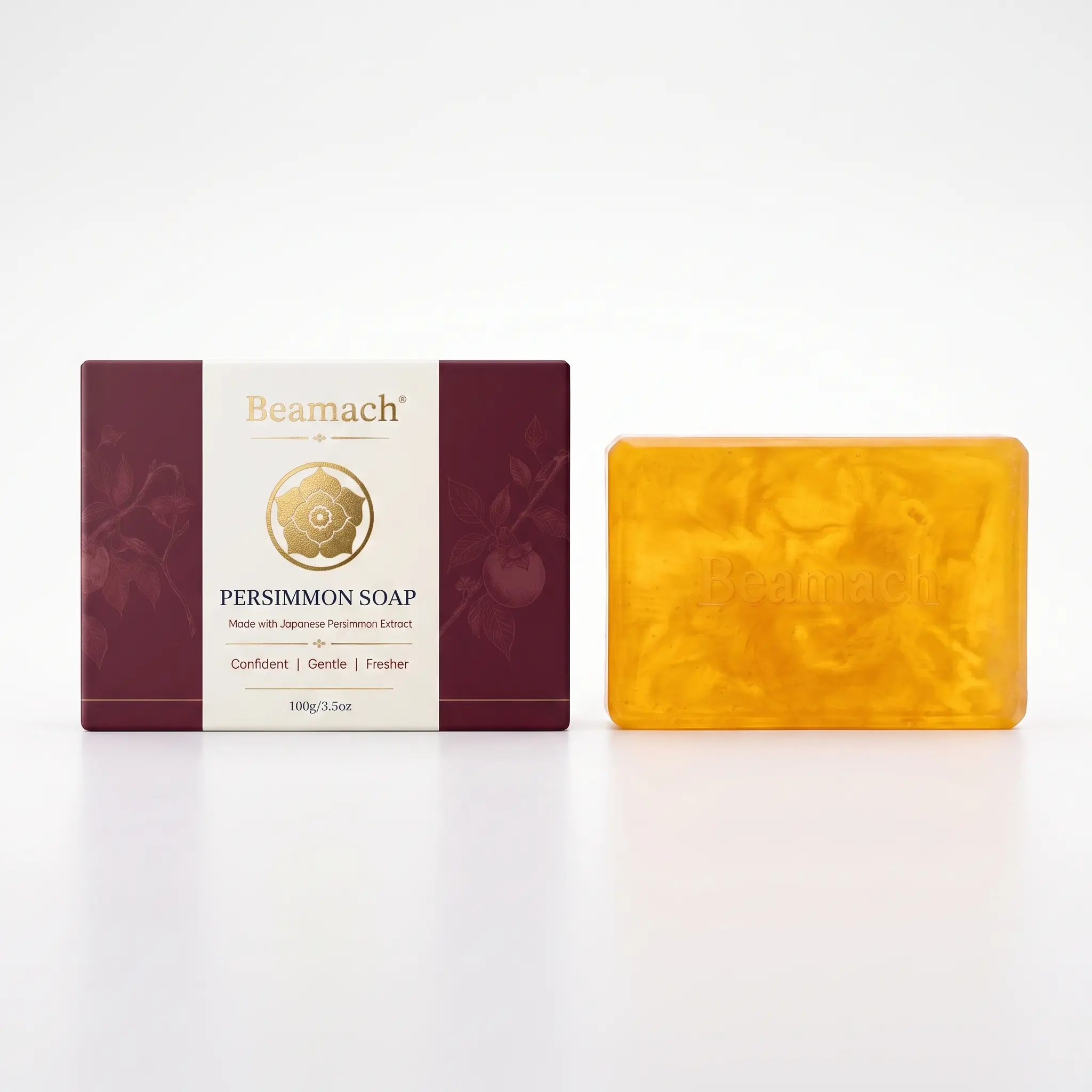 Beamach Persimmon Soap for Old People Smell - Japanese Persimmon, Green Tea & Shea Butter Deodorant Soap Bar for Nonenal & Body Odor, Gentle Body Wash for Mature Skin, Includes Foaming Net