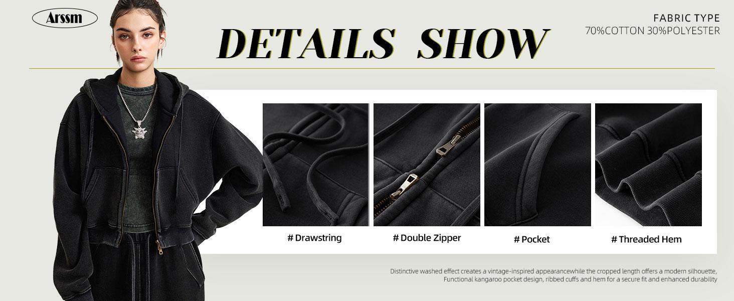 Arssm Women’s Cropped Zip-Up Hoodie – Acid Wash Double Zipper Short Sweatshirt for Trendy Streetwear & Casual Fall Outfits