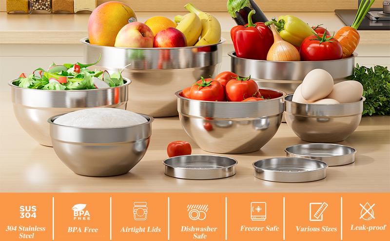 Mixing Bowl Set, 6 PCS Stainless Steel Mixing Bowls with 3 Grinder Attachments, Kitchen Food Organizer Nesting Mixing Bowls Tableware