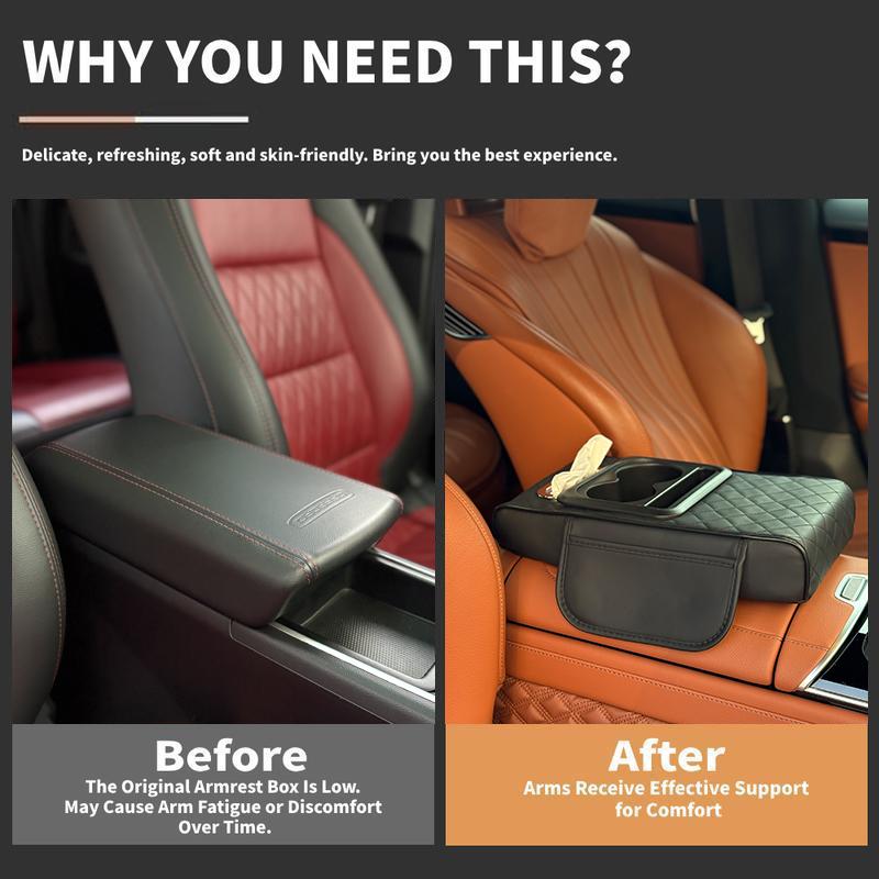 Car Armrest Cushion,5-in-1 Center Console Cover with 2 Storage Bags Cup Holder, Tissue Box Slot, Phone Slot for Sedans, Car Accessories Interior Organizers (Black)