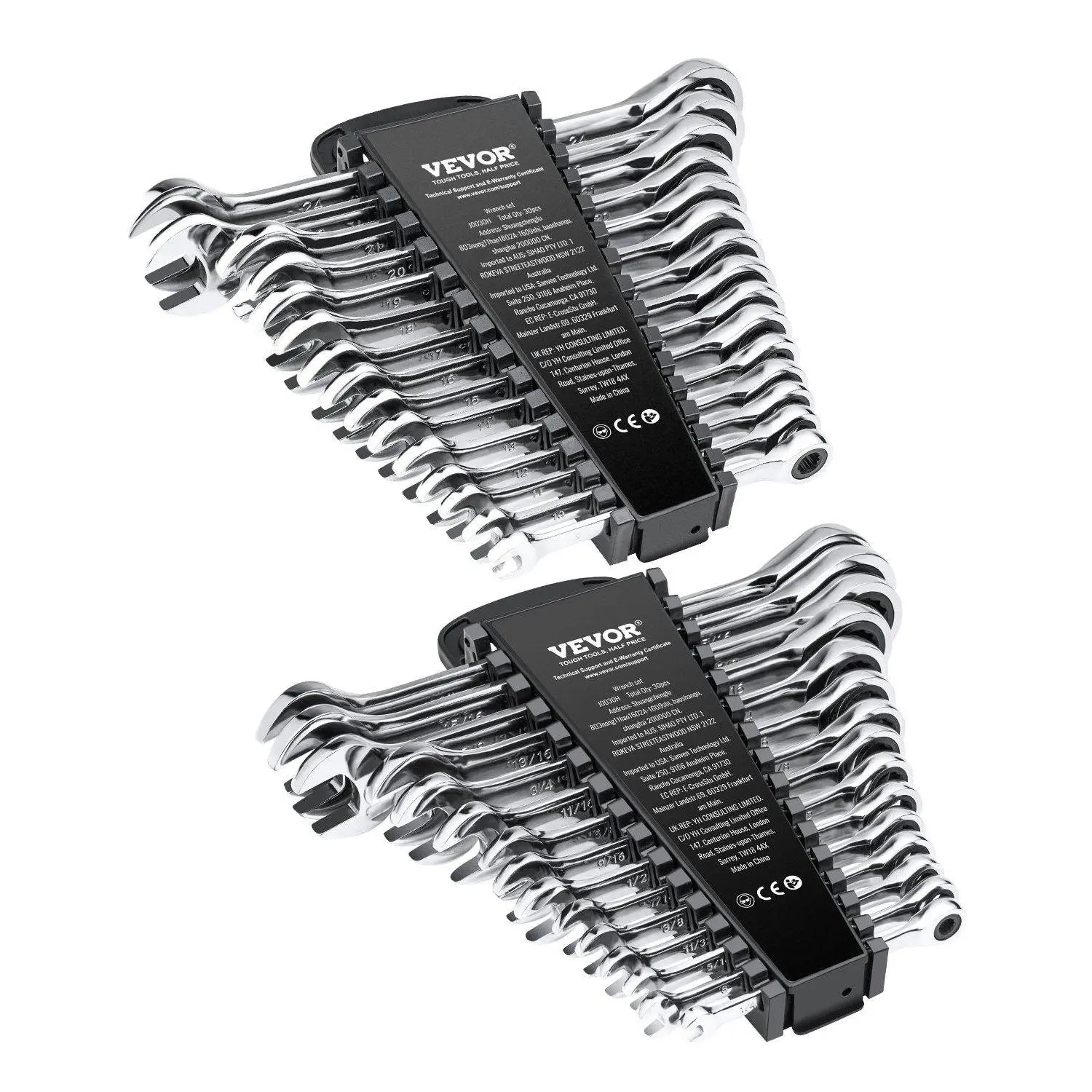 Combination Wrench Set 30 PCS SAE 1/4" to 1", Metric 8mm to 24mm Organizer Rack