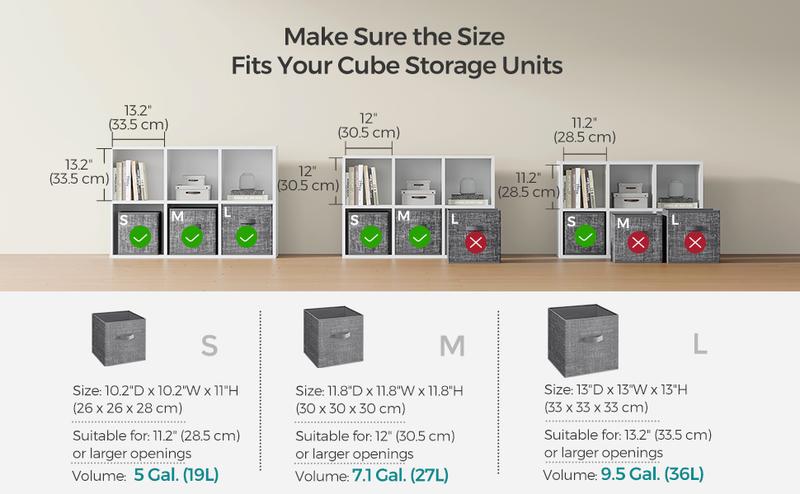 SONGMICS Storage Cubes, Non-Woven Fabric Bins with Double Handles, Set of 6, Closet Organizers for Shelves, Foldable, for Clothes, Cattail Gray Boxes