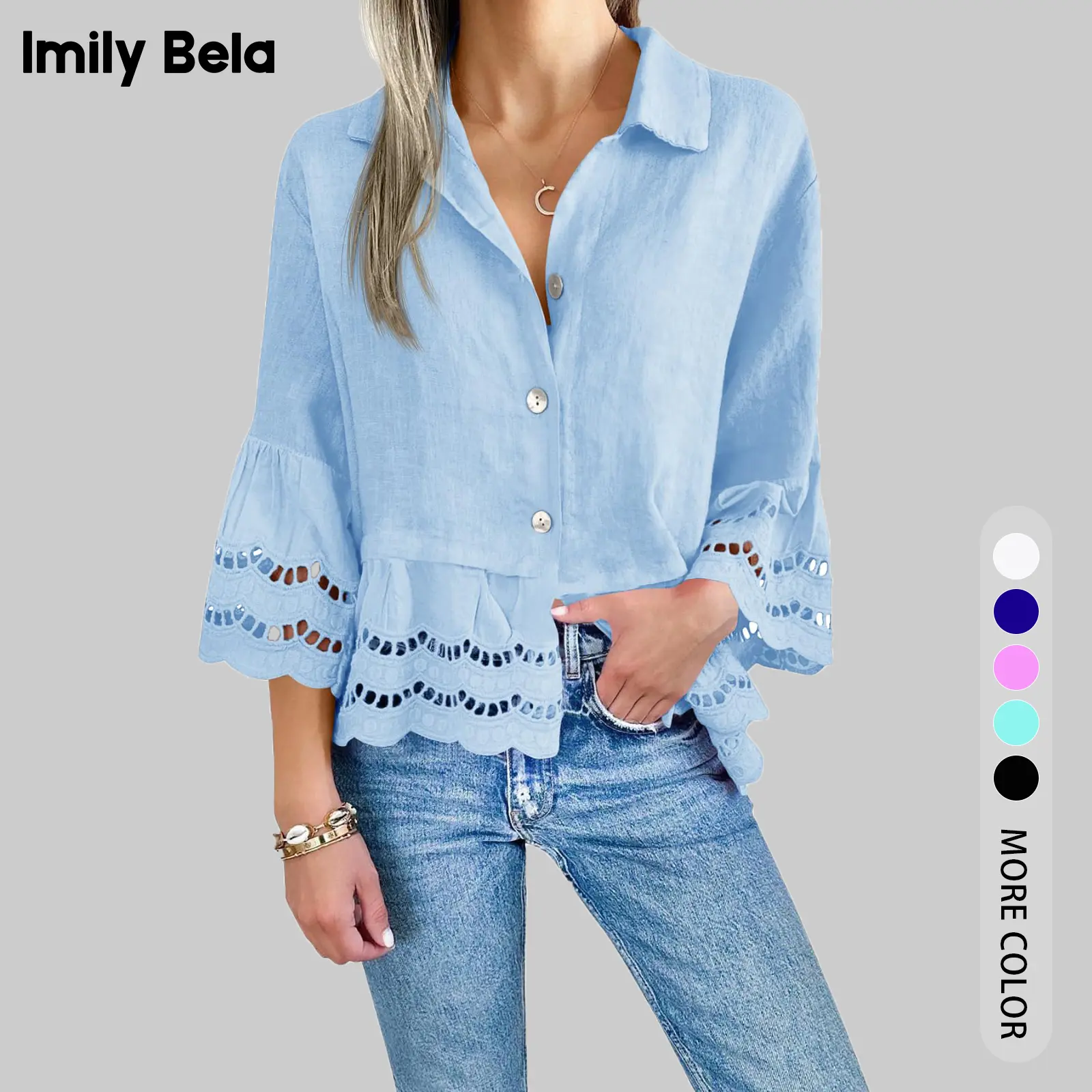Imily Bela Essentials Womens Elegent 3/4 Bell Sleeve Button Down Shirts Casual Ruffle Hem Tops Eyelet Blouse Tops