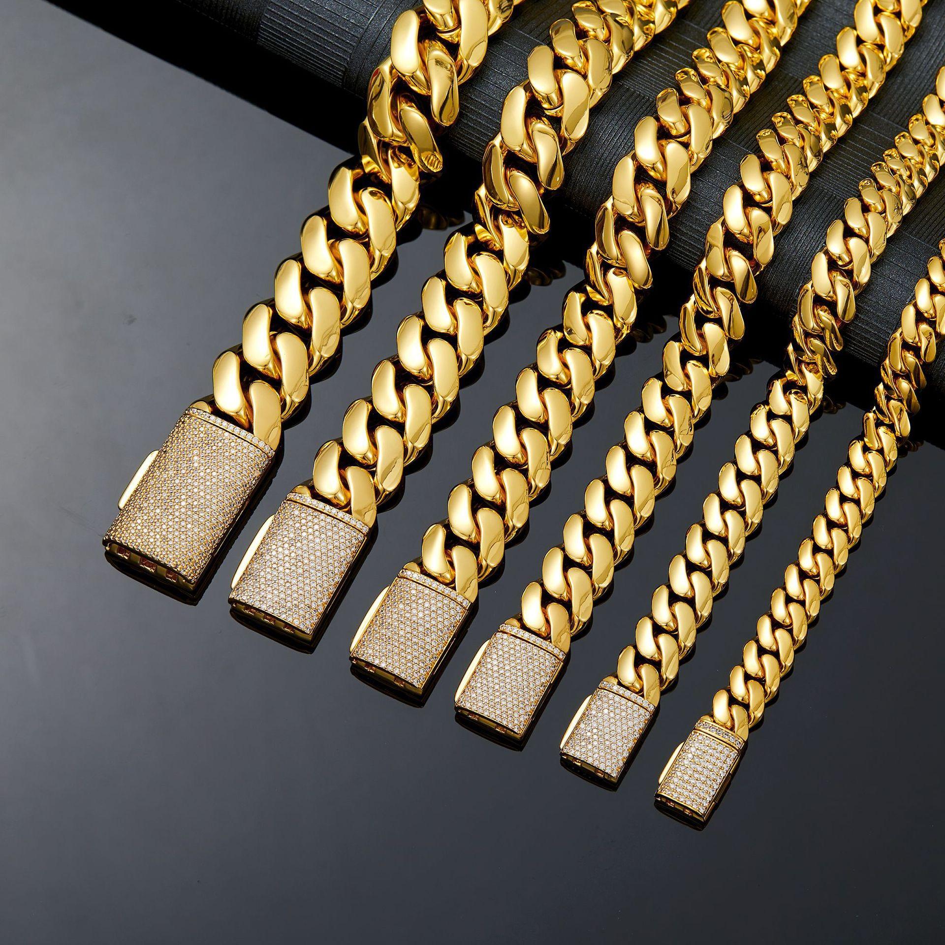 Retro Gold Cuban Chain Necklace, 8mm with a clasp closure. The clasp features zirconia accents. The chain is crafted from stainless steel. Bold hip-hop style, suitable for both men and women. Casual and fashionable, pairs effortlessly with any outfit.