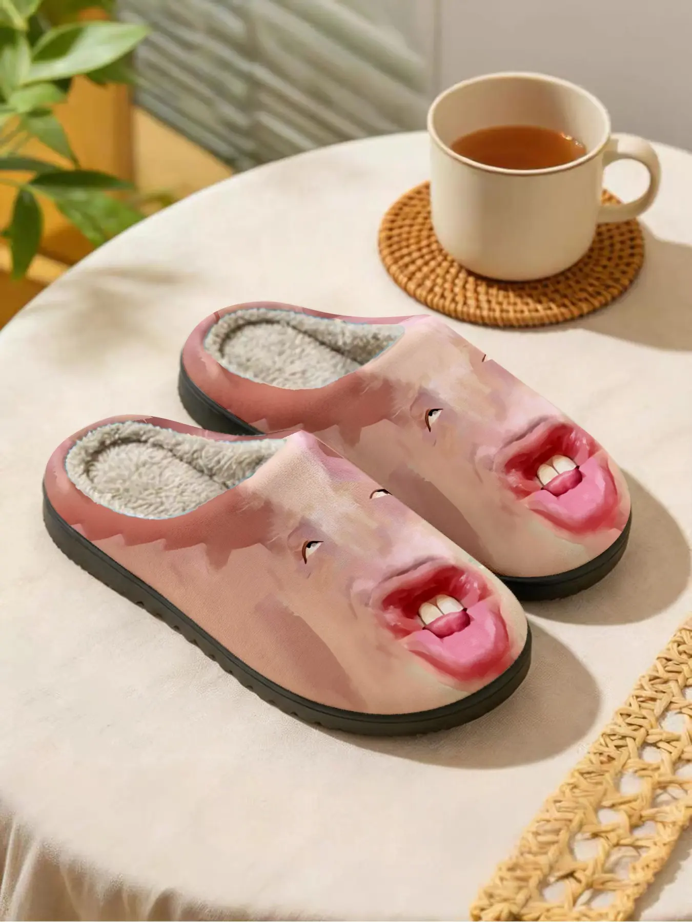 Street-Ready Funny Face Home Plush Slippers 1 Pair, Warm House Slippers, Funny Style, Faux Fur Lining, Platform Cushioning, Funny Style Enthusiasts & Home Lovers for Home Foot Warmth, Eye-Catching Daily Outfits, Winter Must-Have Footwear!