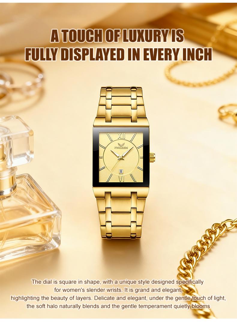 Valentine's Luxury Collection Women's Gold Square Watch with Stainless Steel Band Roman Numeral Dial Date Display 30M Water Resistant Quartz Wristwatch for Stylish Casual Formal Fashion Accessory Limited Time Deal